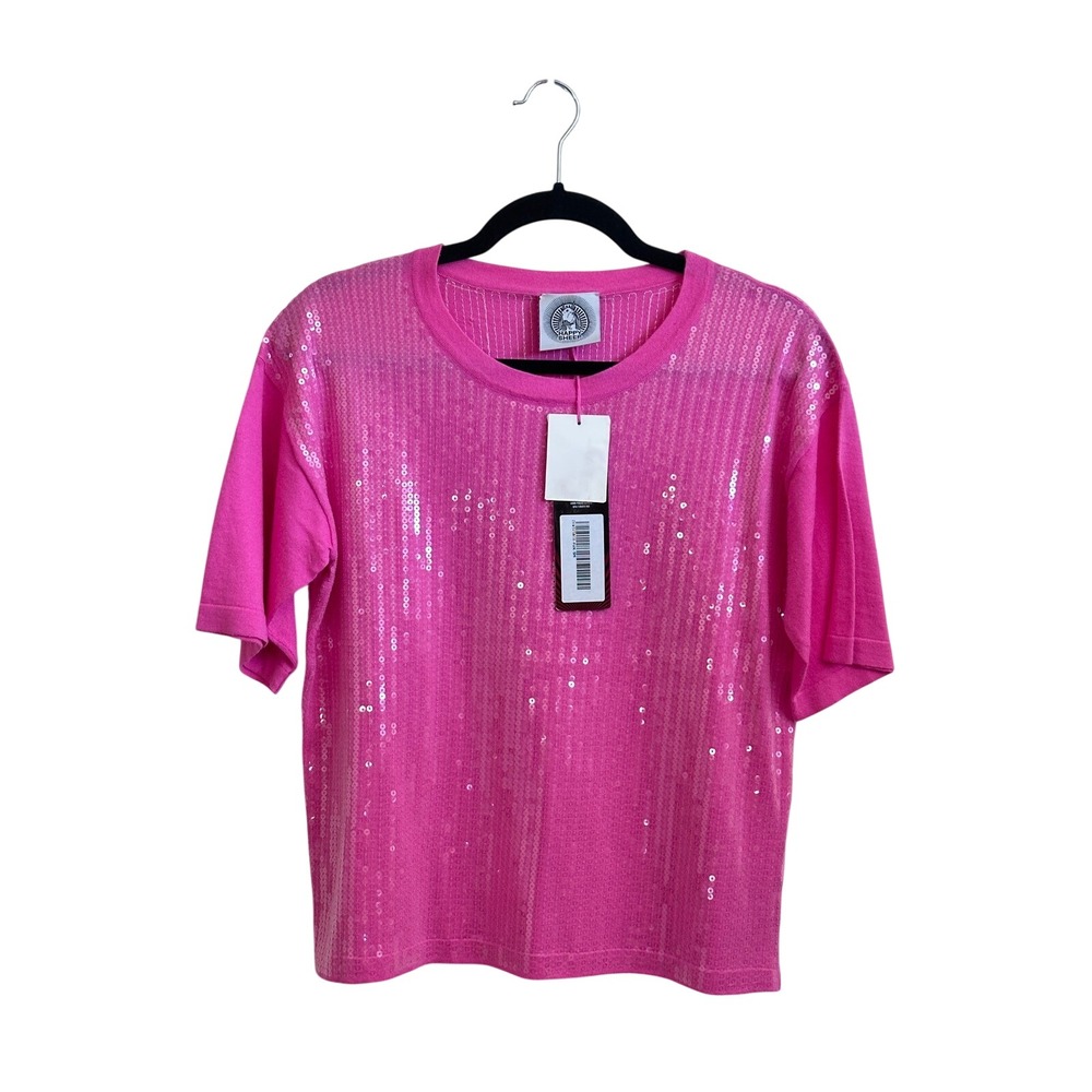 Happy Sheep Hot Pink Sequin Knit Top Short Sleeve Cotton Shirt Small